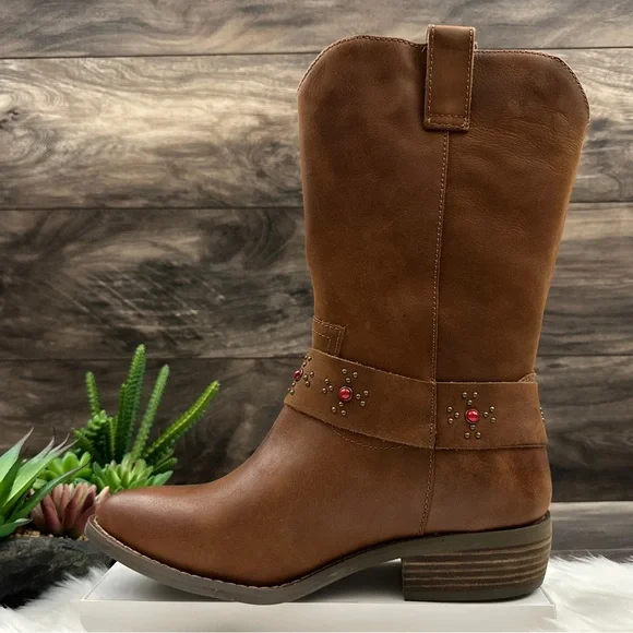 NIB Dingo Dan Post Madre Western Boots Harness Studs Cognac Leather - Picture 7 of 14